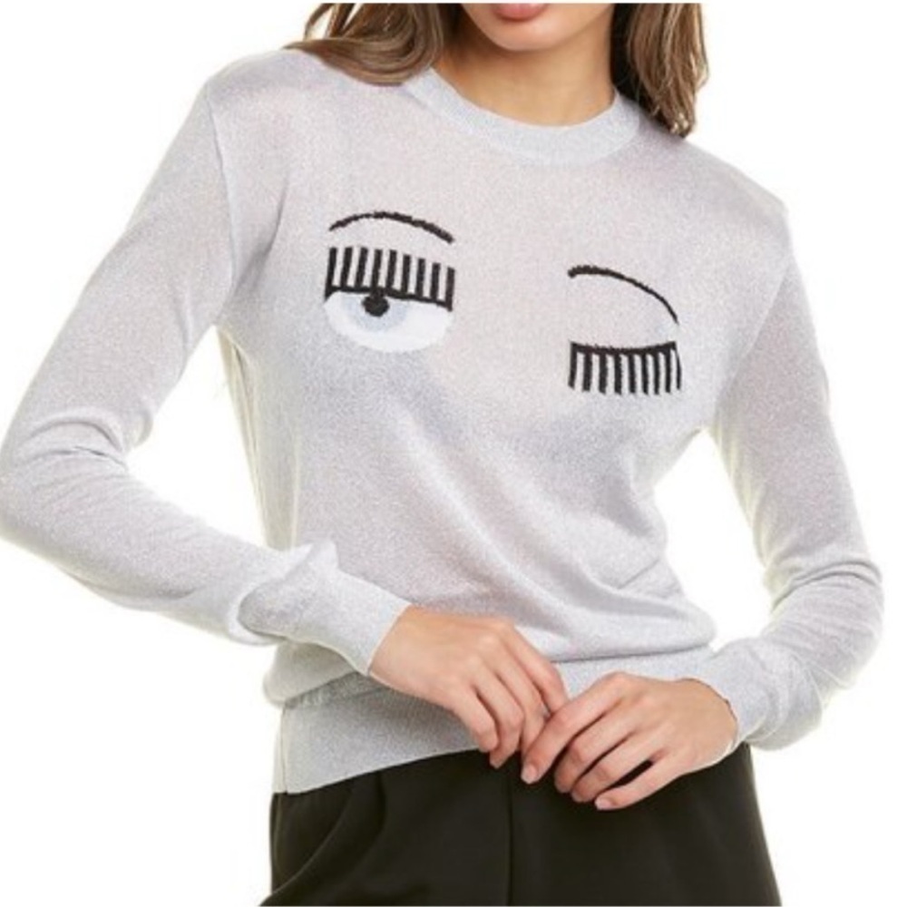 Chiara Ferragni Winking Flirting Crew Neck Jumper Knitted Metallic Silver sz S